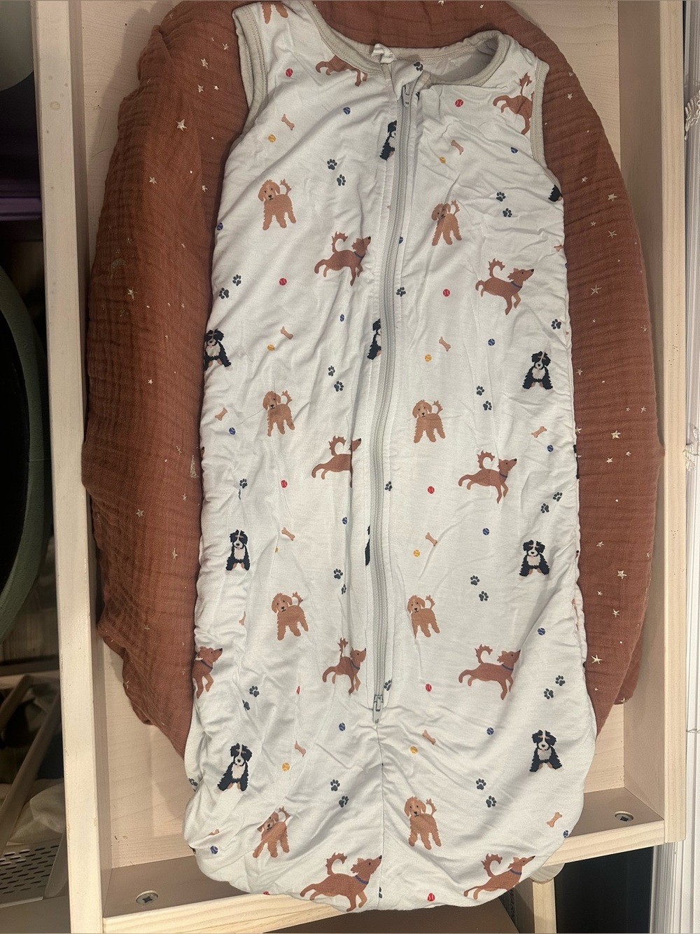 BAMBO White Baby Sleep Sack with Brown and Black Dog Print